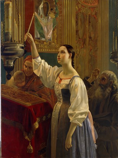 Mädchen stellt eine Kerze vor eine Ikone. In einer orthodoxen Kirche am Gründonnerstag der Osterwoche. von Grigory Mikhailov