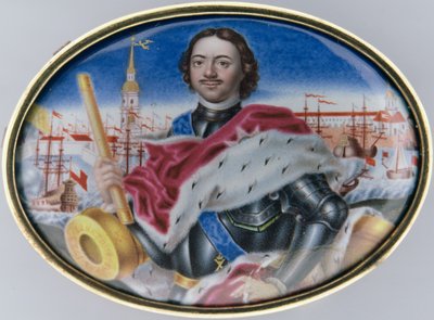 Porträt von Peter I. (1672-1725) vor der Peter-und-Paul-Festung und dem Dreifaltigkeitsplatz in St. Petersburg, 1723 von Grigory Semyonovich Musikiysky