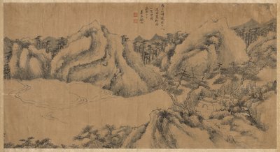 Kloster im Kiefernwald an einem bewölkten Berg, späte 1700er von Gu Chao