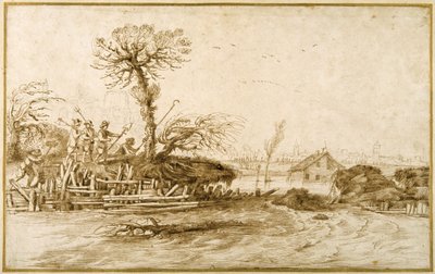 Ein Fluss in Flut und Bauern mit Äxten und anderen Werkzeugen von Guercino