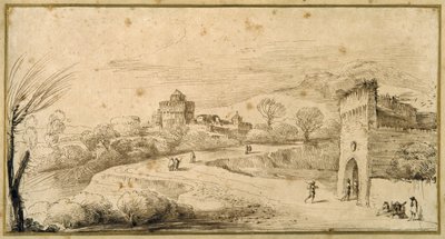 Landschaft mit einem Zinnen-Torhaus und einer kurvenreichen Straße von Guercino