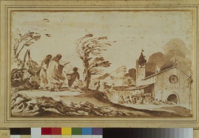 Landschaft mit Figuren bei einer Kirche von Guercino