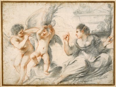 Venus schimpft mit Amor, während ein älterer Amor ihn an einen Baum bindet von Guercino