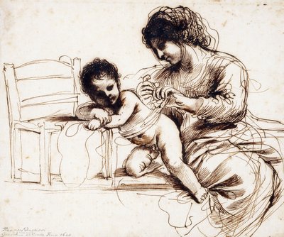 Eine Mutter und ein Kind neben einem Stuhl von Guercino