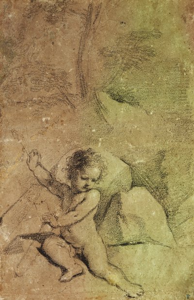 Amor zieht einen Pfeil aus einem Köcher, in einer Landschaft von Guercino
