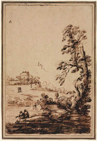 Landschaft mit kleiner Gebäudegruppe, zweite Hälfte 1700er Jahre von Guercino