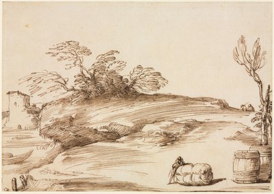 Landschaft mit einem Mann, der sich auf einen Ballen lehnt, um 1640 von Guercino