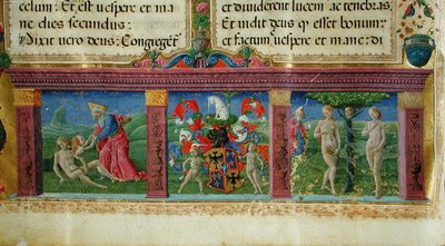 Die Schöpfung und Versuchung von Adam und Eva mit dem Wappen des Hauses Este, aus der Bible des Chartreux von Guglielmo Giraldi
