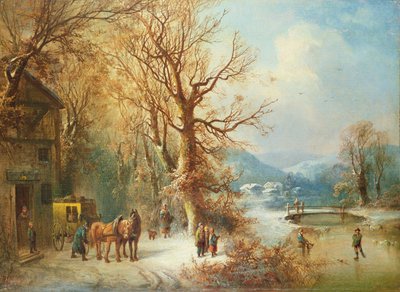 Kutsche und Pferde in einer verschneiten Landschaft von Guido Hampe