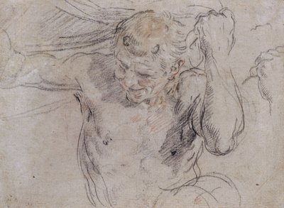 Ein Satyr hebt den Vorhang und eine Nebenskizze seiner linken Hand von Guido Reni