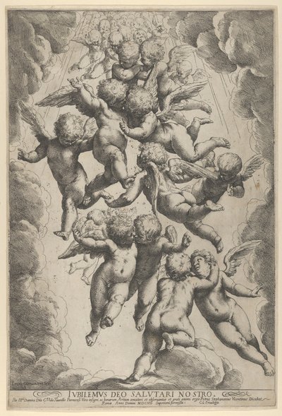 Eine Gruppe von Engeln, die sich im Flug umarmen, umrahmt von Wolken von Guido Reni