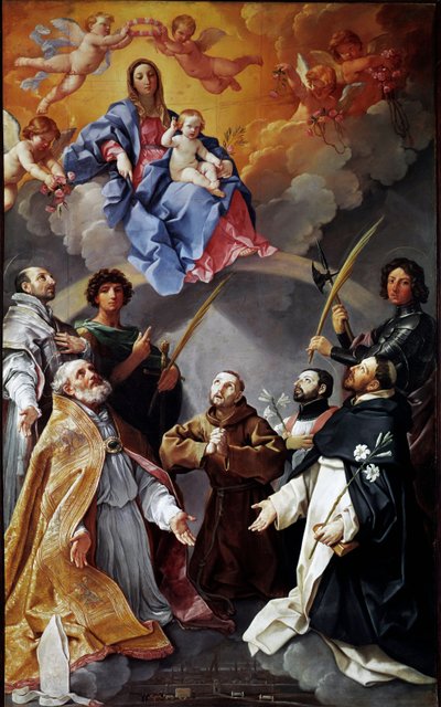 Altarbild der Pest: Jungfrau mit Kind mit St. Petronius, St. Franziskus, St. Ignatius, St. Franz Xaver, Proculus von Bologna und Florian von Guido Reni