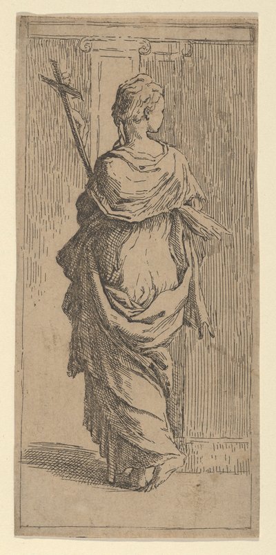 Mädchen, das ein Kruzifix trägt und auf einen Pfeiler zugeht, von hinten gesehen von Guido Reni