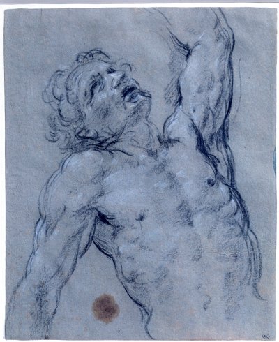 Halbfigur eines nackten Mannes, der sich zurücklehnt und vorgibt zu leiden. Zeichnung von Guido Reni genannt Der Guide (1573-1642) von Guido Reni