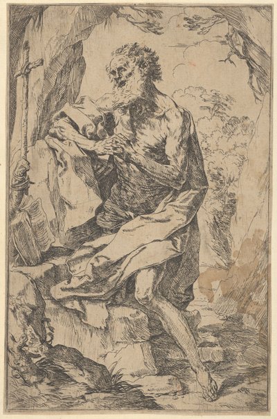 Heiliger Hieronymus kniend auf einem Felsen vor einem Kreuz und einem offenen Buch von Guido Reni