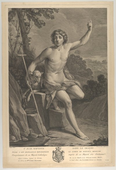 Johannes der Täufer in der Wüste, auf einem Felsen sitzend und mit der linken Hand nach oben zeigend von Guido Reni