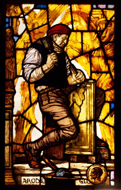 Fensterpaneel, das einen Steinmetz darstellt (Buntglas) von Guido Zuccaro