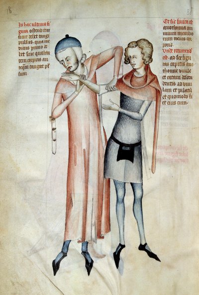Arzt untersucht die Gelenke seines Patienten durch Strecken eines Arms (Osteopath). Miniatur in „Liber notabilium Philippi septimi francorum regis, a libris Galieni extractus“ geschrieben von Gui von Pavia von Guido da Vigevano da Pavia