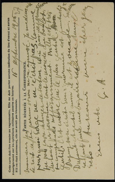 Autographierte Postkarte an Jean Mollet, datiert 16. September 1915 von Guillaume Apollinaire