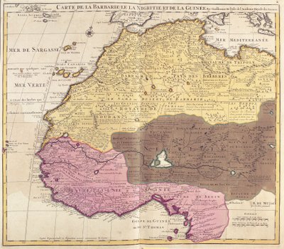 Karte von Barbaria (Marokko, Algerien, Tunesien, Libyen), Nigritude (Mali, Burkina Faso, Niger) und Guinee (Senegal, Guinea, Sierra Leone, Liberia, Elfenbeinküste, Ghana, Togo, Benin, Nigeria) (Radierung) von Guillaume Delisle
