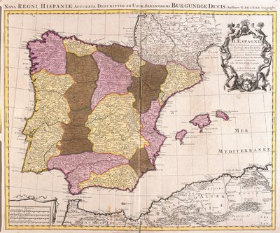 Karte der Iberischen Halbinsel, Königreiche Portugal und Spanien (Radierung) von Guillaume Delisle