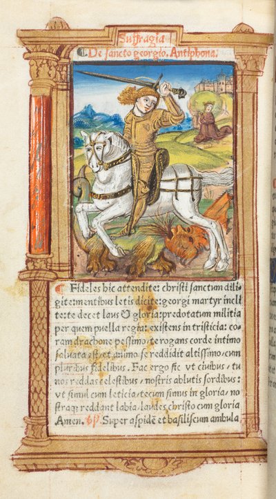 Gedrucktes Stundenbuch (Gebrauch von Rom): fol. 103v, St. Georg tötet den Drachen von Guillaume Le Rouge