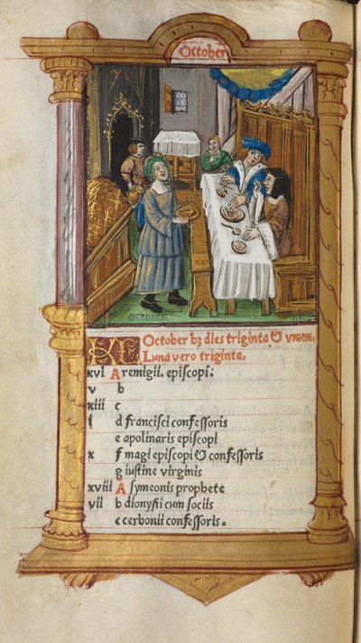 Gedrucktes Stundenbuch (Gebrauch von Rom): fol. 11v, Oktober Kalenderseite von Guillaume Le Rouge