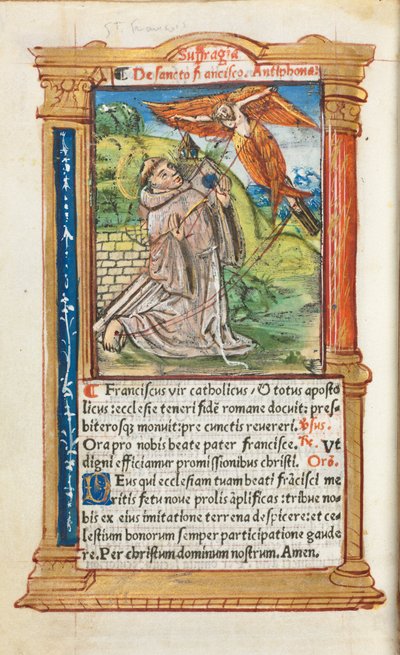 Gedrucktes Stundenbuch Gebrauch von Rom: fol. 106v, St. Franziskus von Assisi, 1510 von Guillaume Le Rouge