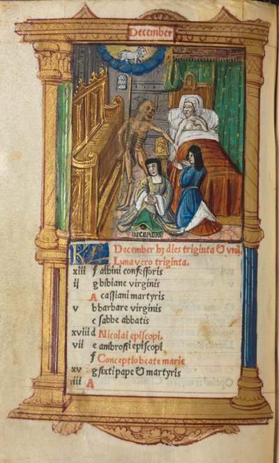Gedrucktes Stundenbuch Gebrauch von Rom: fol. 13v, Dezember Kalenderseite, 1510 von Guillaume Le Rouge