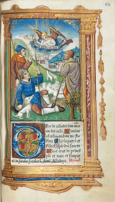 Gedrucktes Stundenbuch Gebrauch von Rom: fol. 36r, Verkündigung an die Hirten von Guillaume Le Rouge