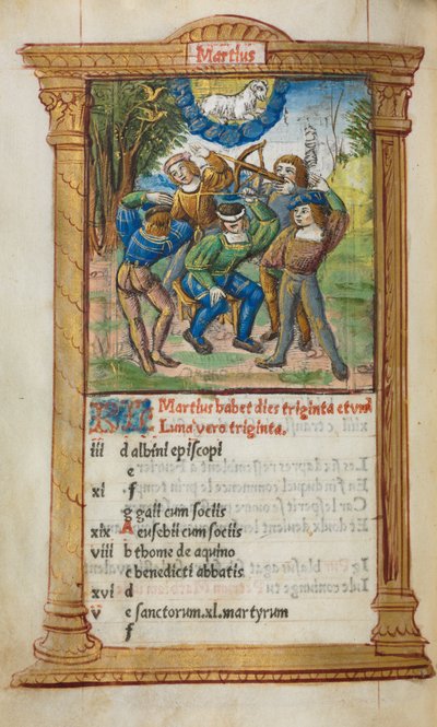 Gedrucktes Stundenbuch Gebrauch von Rom: fol. 4v, März Kalenderillustration, 1510 von Guillaume Le Rouge