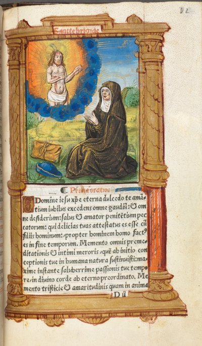 Gedrucktes Stundenbuch Gebrauch von Rom: fol. 90r, St. Bridget im Gebet vor einer Erscheinung Christi von Guillaume Le Rouge
