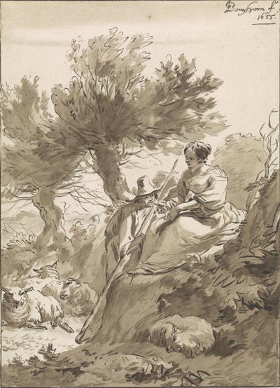Landschaft mit Hirte und Hirtin und ihren Schafen von Guillaume Saint