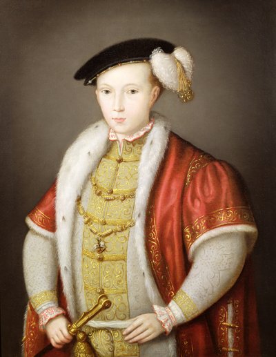 Edward VI. mit der Kette des Hosenbandordens, nach dem Porträt in der Sammlung von H.M. Königin Elizabeth II., ca. 1600 von Guillaume Scrots