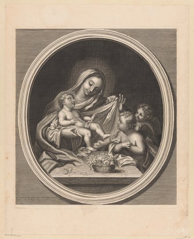 Maria mit Kind und zwei Engeln hinter einem Tisch mit einem Korb voller Blumen von Guillaume Vallet