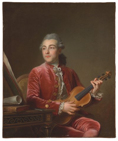 Porträt eines Gentlemans, halblang, sitzend in einer roten Samtjacke mit einer Geige von Guillaume Voiriot