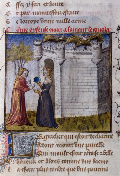 Eine galante Szene zwischen zwei Liebenden: Das Mädchen lädt ihren Liebhaber ein, einzutreten. Miniatur aus „Le Romanesque de la Rose“ von Guillaume de Lorris von Guillaume de Lorris