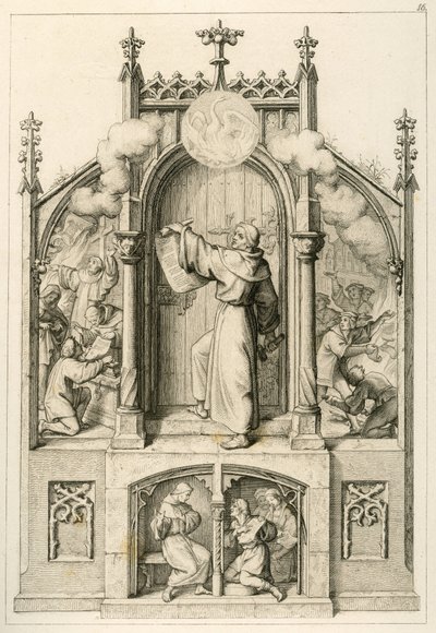 Luther will keine Ablässe geben, links: Johann Tetzel (1465-1519) verbrennt die Schriften Luthers, Hauptbild: Luther hängt seine 95 Thesen an die Kirchentür von Wittenberg, rechts: Studenten der Universität Wittenberg verbrennen von Gustav Ferdinand Leopold Konig