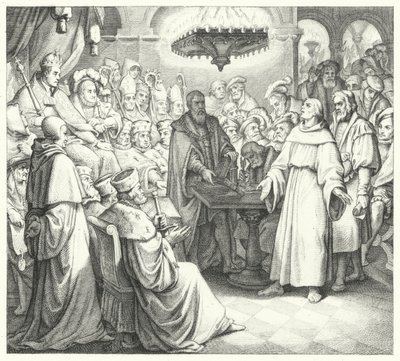 Martin Luther erscheint vor Kaiser Karl V. auf dem Reichstag zu Worms (Stich) von Gustav Ferdinand Leopold Konig