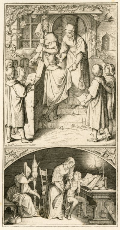 Martin Luther als Schuljunge, er singt vor der Tür von Ursula Cotta in Eisenach für ein wenig Brot. In diesem Haus wird er Flöte und Laute lernen, so der Originaltext von Gustav Ferdinand Leopold Konig