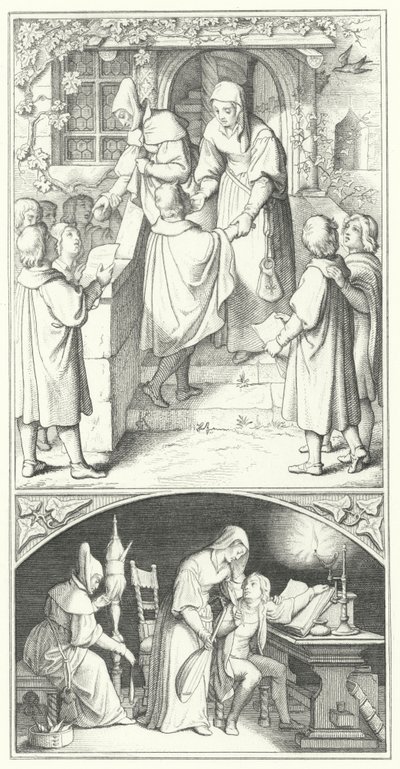 Martin Luther als junger Student singt in der Stadt Eisenach (Stich) von Gustav Ferdinand Leopold Konig