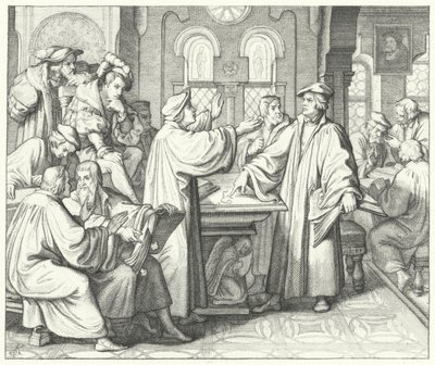 Martin Luther diskutiert das Sakrament mit Huldrych Zwingli (Stich) von Gustav Ferdinand Leopold Konig