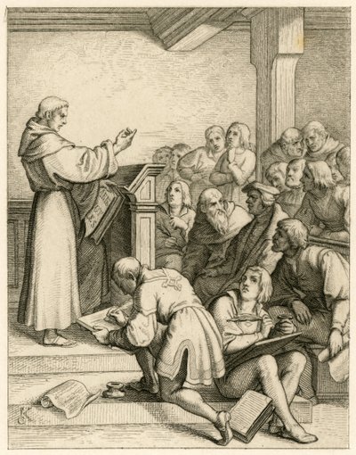 Martin Luther hält Vorlesungen an der Universität Wittenberg, vor ihm der Vizekanzler Dr. Pollich und sein väterlicher Freund Johann von Staupitz (1460-1524) von Gustav Ferdinand Leopold Konig