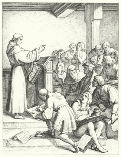Martin Luther in einer Philosophie- und Theologievorlesung für seinen Bachelor-Abschluss (Stich) von Gustav Ferdinand Leopold Konig