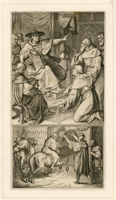 Martin Luther im Gespräch mit Kardinal Cajetan, Luther muss seine Schriften widerrufen, neben ihm sein Freund Staupitz von Gustav Ferdinand Leopold Konig