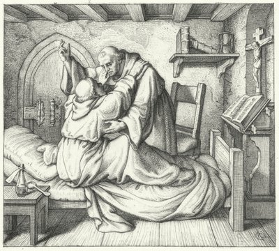 Martin Luther wird von einem Mitmönch während seiner geistigen Qual im Kloster getröstet (Stich) von Gustav Ferdinand Leopold Konig