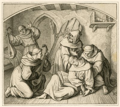 Martin Luther ist bewusstlos in seiner Klosterzelle, zusammen mit anderen Mönchen, die Laute spielen von Gustav Ferdinand Leopold Konig