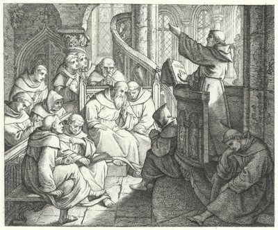Martin Luther predigt Johann von Staupitz und den anderen Mönchen im Kloster (Gravur) von Gustav Ferdinand Leopold Konig