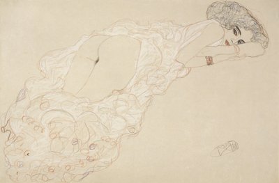 Liegender Akt auf dem Bauch und nach rechts blickend von Gustav Klimt