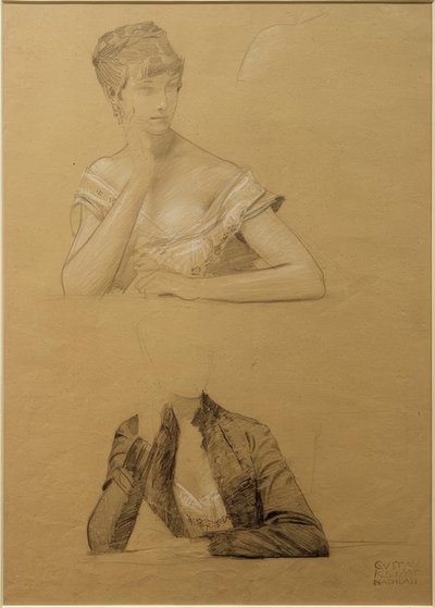Zwei Studien einer an einem Tisch sitzenden jungen Frau von Gustav Klimt